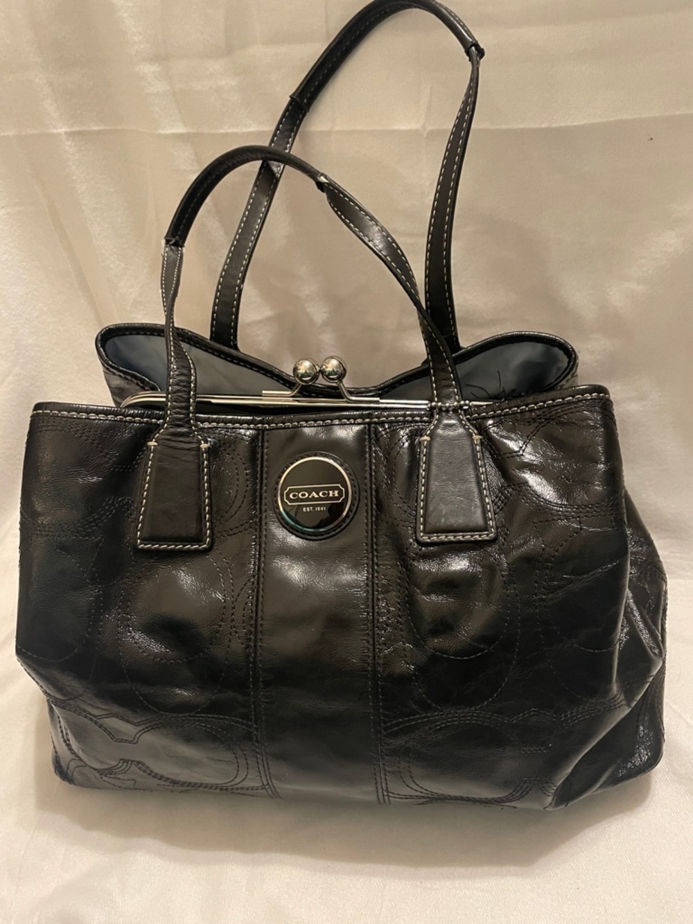 Coach Black Leather Tote with Signature Trim